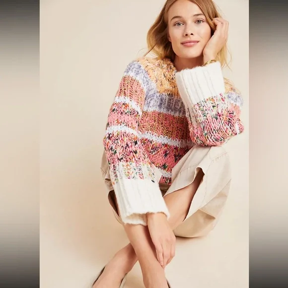 Anthropologie Kahlo Chunky Striped Jumper Sweater Alpaca Wool Blend Size Medium - Picture 3 of 11